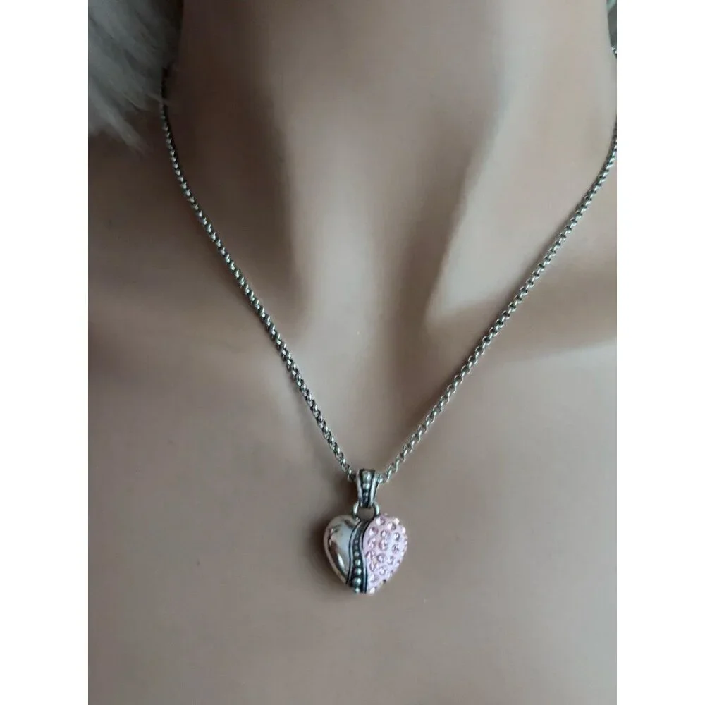 Brighton Silver Tone Pink Enamel & Crystal Puffy Heart Necklace
